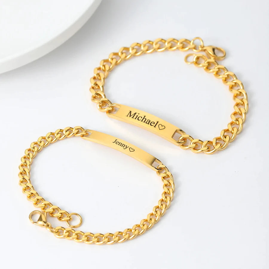 Stainless Steel Engrave Link Chain Custom Name Couple Bracelet