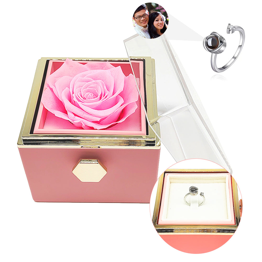 100 Languages I Love You Custom Photo Projection Ring With Rotating Rose box