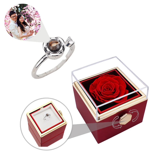 100 Languages I Love You Custom Photo Projection Ring With Rotating Rose box