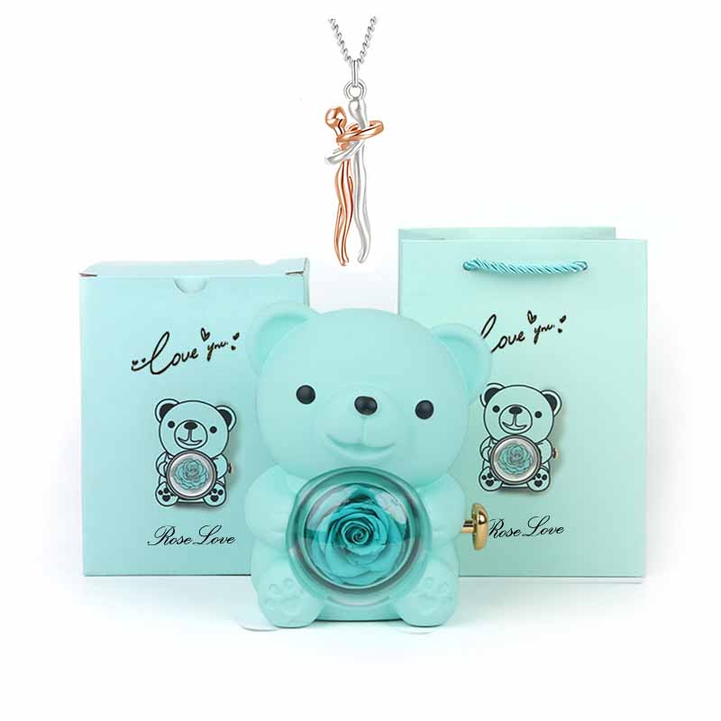 Charm Lovers Forever together Lovers hug pendant necklace Spin Eternal flower Hug Bear jewelry box gift