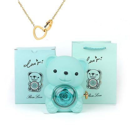 Preserved Rose Hug Bear Gift Box with Necklace