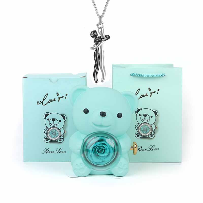 Charm Lovers Forever together Lovers hug pendant necklace Spin Eternal flower Hug Bear jewelry box gift