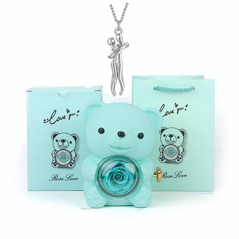 Charm Lovers Forever together Lovers hug pendant necklace Spin Eternal flower Hug Bear jewelry box gift