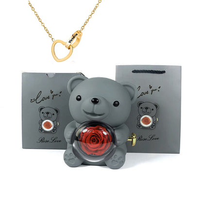 Preserved Rose Hug Bear Gift Box with Necklace