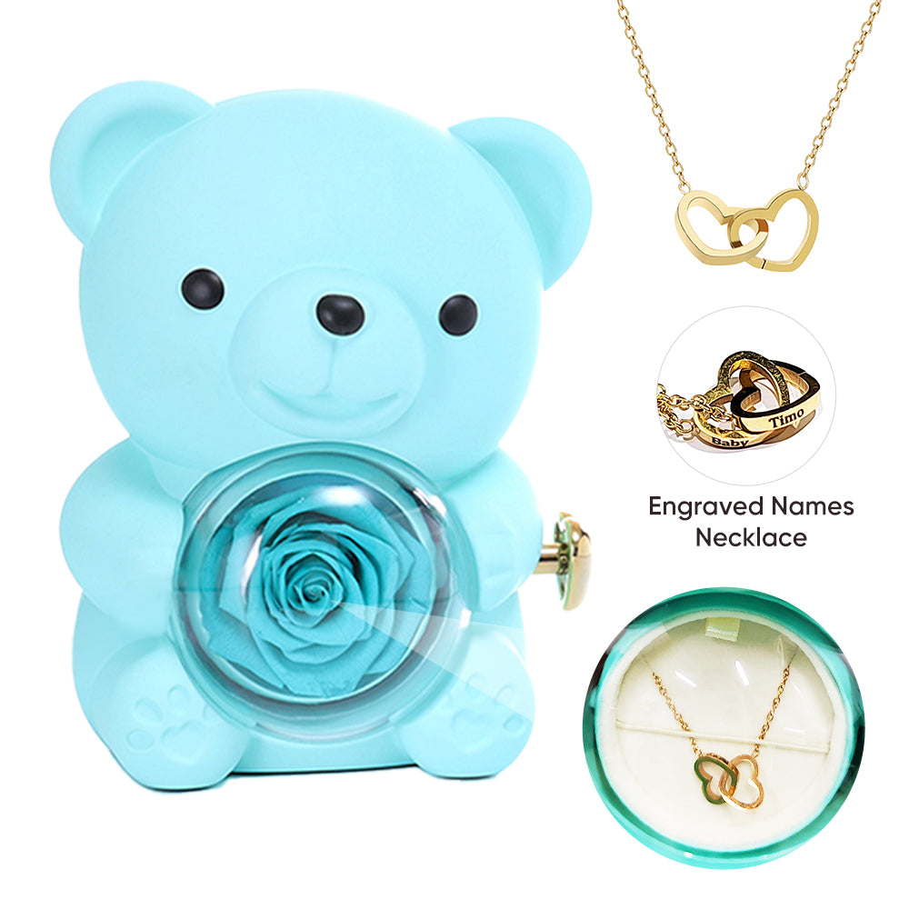 Preserved Rose Hug Bear Gift Box with Necklace