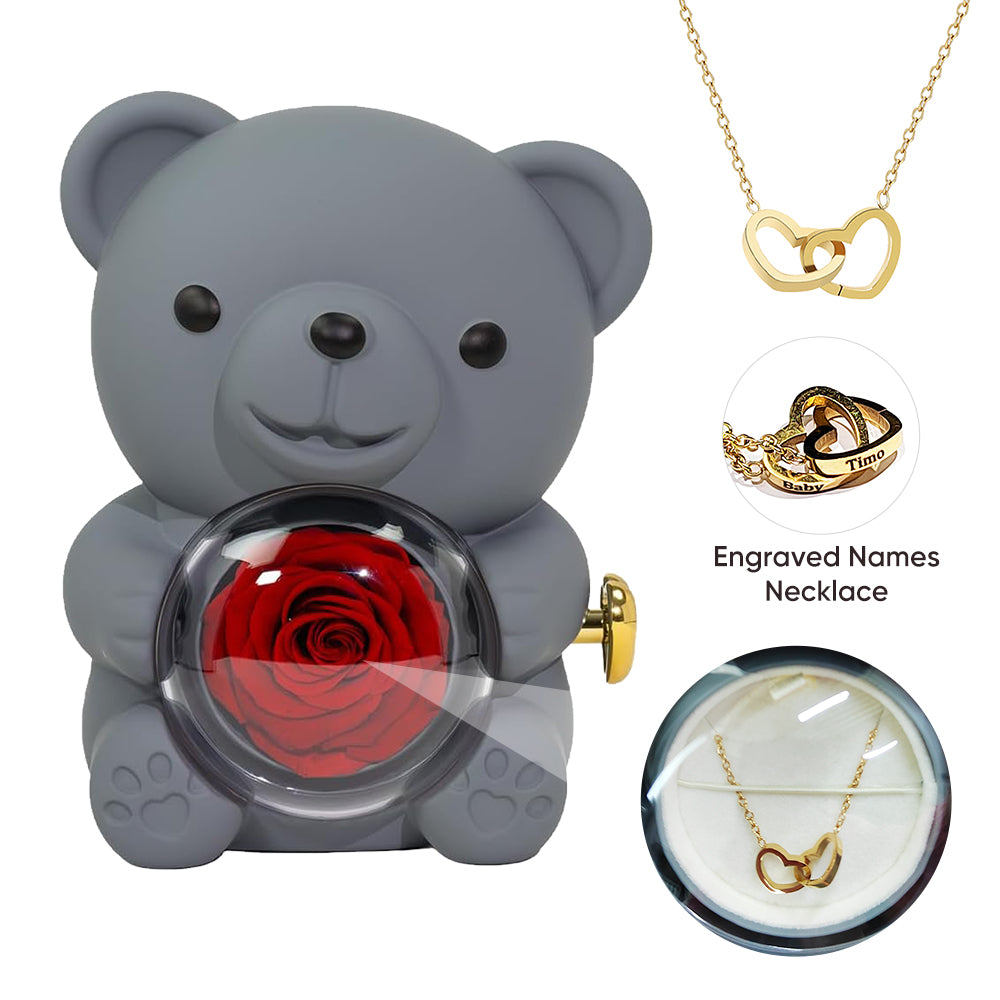 Preserved Rose Hug Bear Gift Box with Necklace