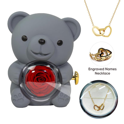 Preserved Rose Hug Bear Gift Box with Necklace