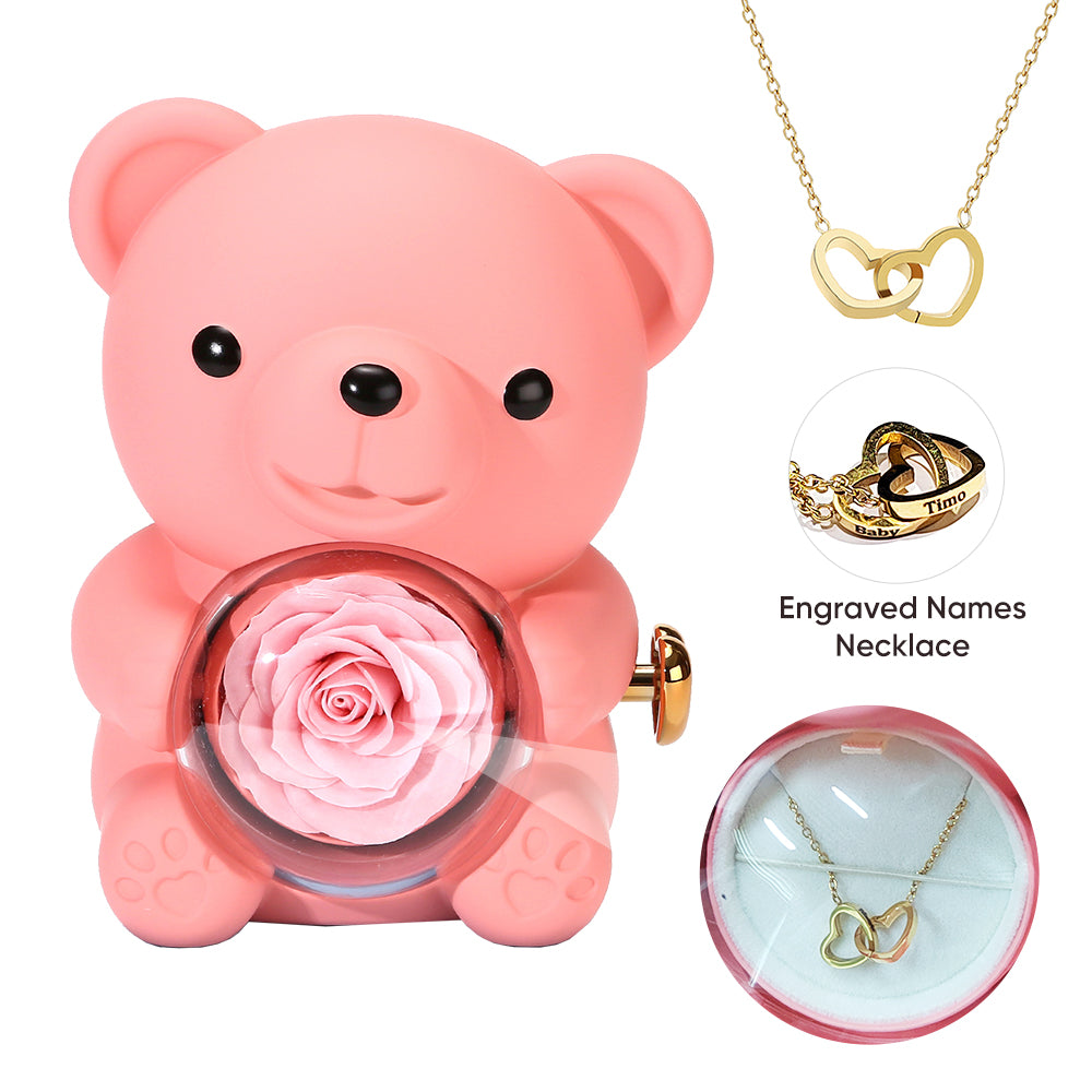 Preserved Rose Hug Bear Gift Box with Necklace