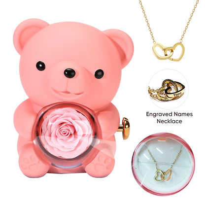 Preserved Rose Hug Bear Gift Box with Necklace