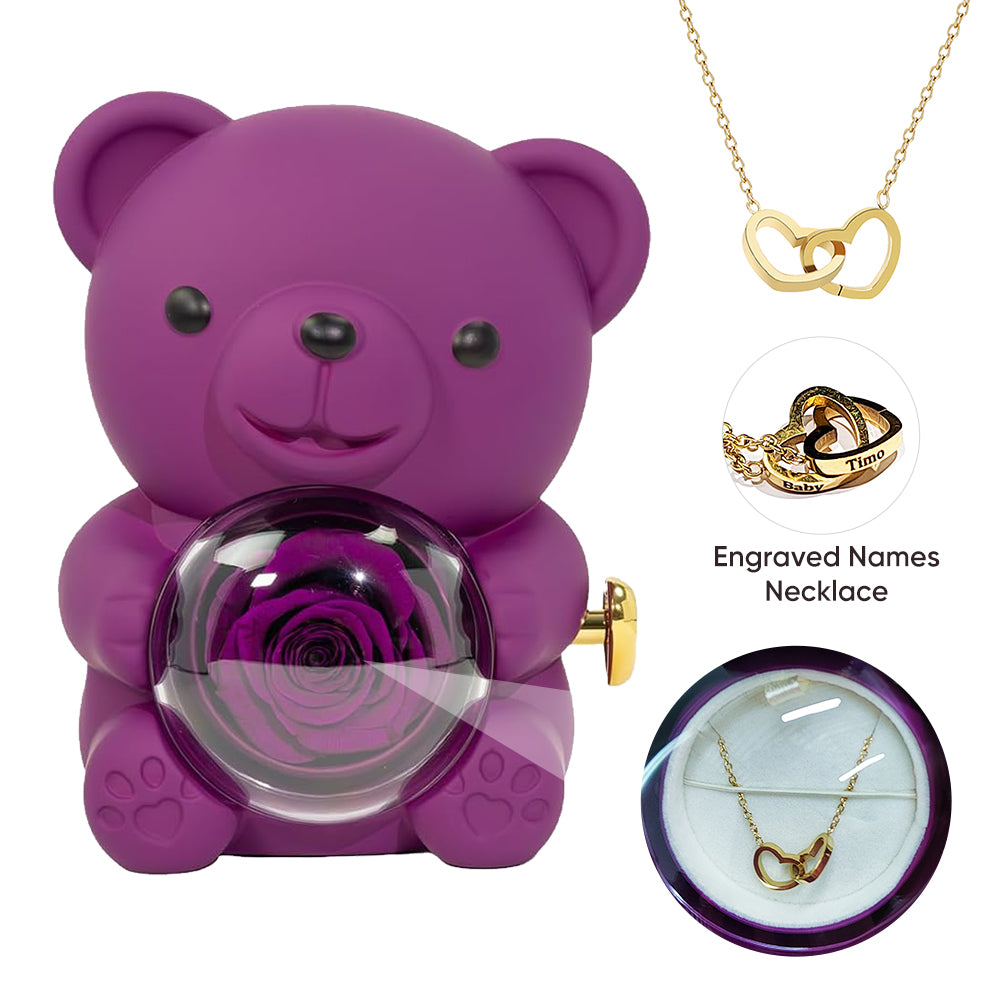 Preserved Rose Hug Bear Gift Box with Necklace