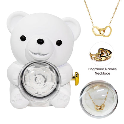 Preserved Rose Hug Bear Gift Box with Necklace