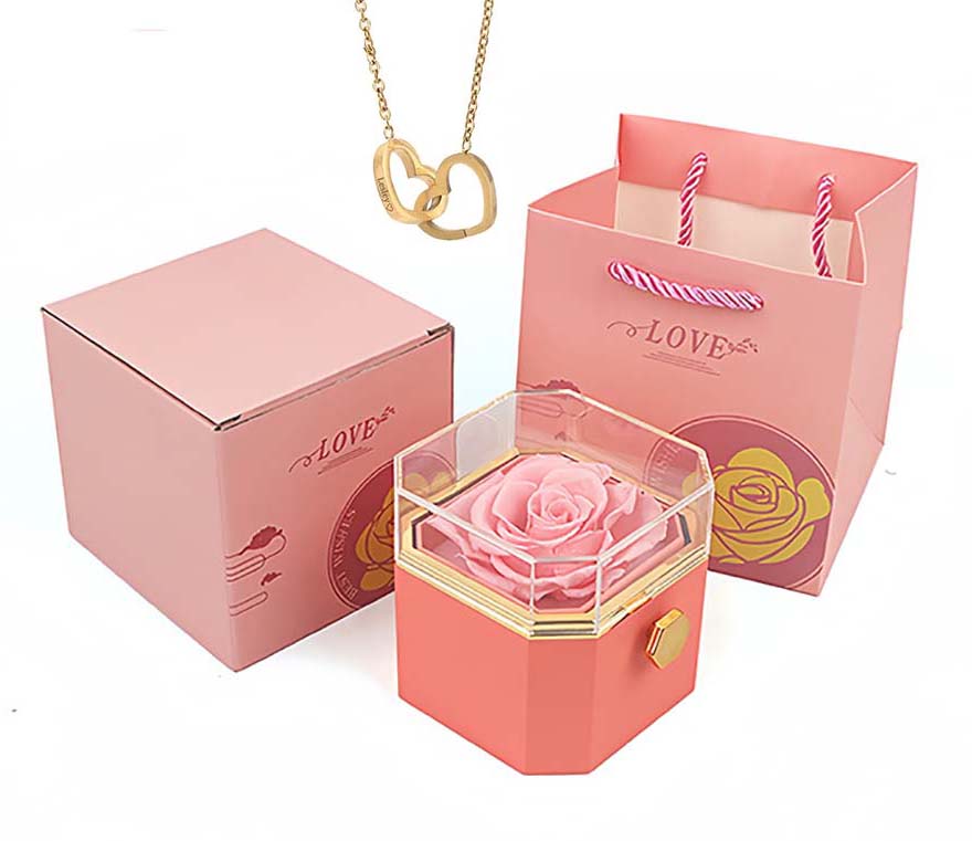 New revolving eternal rose jewelry box and engraved love necklace for girlfriend and wife Valentine's Day birthday gift