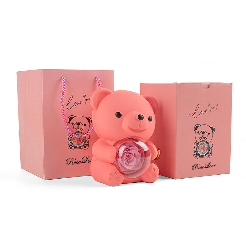 Preserved Rose Hug Bear Gift Box with Necklace