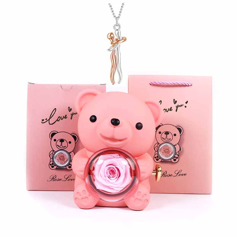 Charm Lovers Forever together Lovers hug pendant necklace Spin Eternal flower Hug Bear jewelry box gift