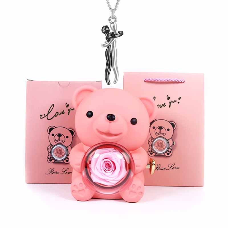 Charm Lovers Forever together Lovers hug pendant necklace Spin Eternal flower Hug Bear jewelry box gift