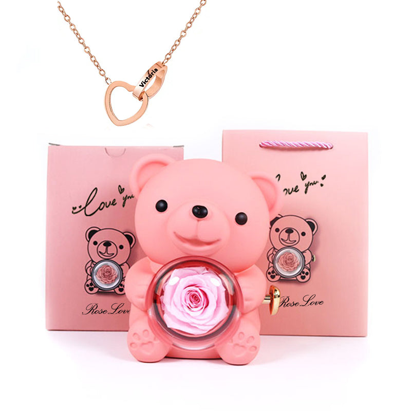 Preserved Rose Hug Bear Gift Box with Necklace