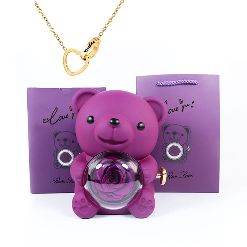 Preserved Rose Hug Bear Gift Box with Necklace