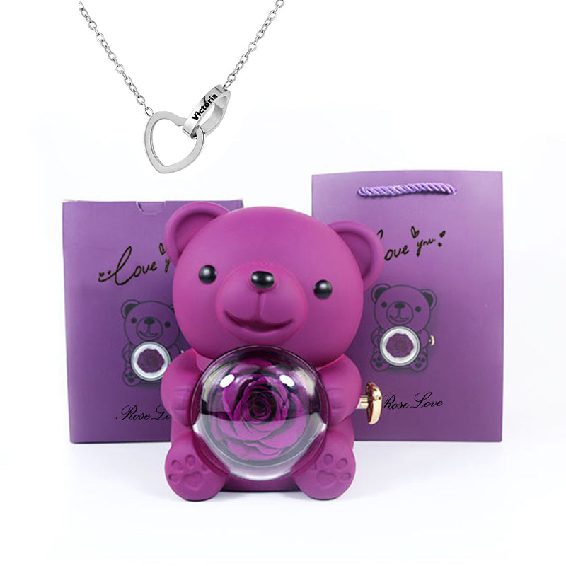 Preserved Rose Hug Bear Gift Box with Necklace