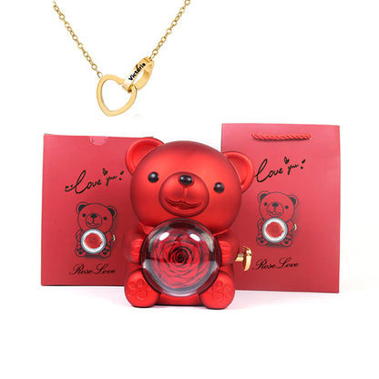 Preserved Rose Hug Bear Gift Box with Necklace