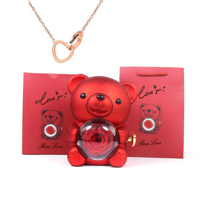 Preserved Rose Hug Bear Gift Box with Necklace