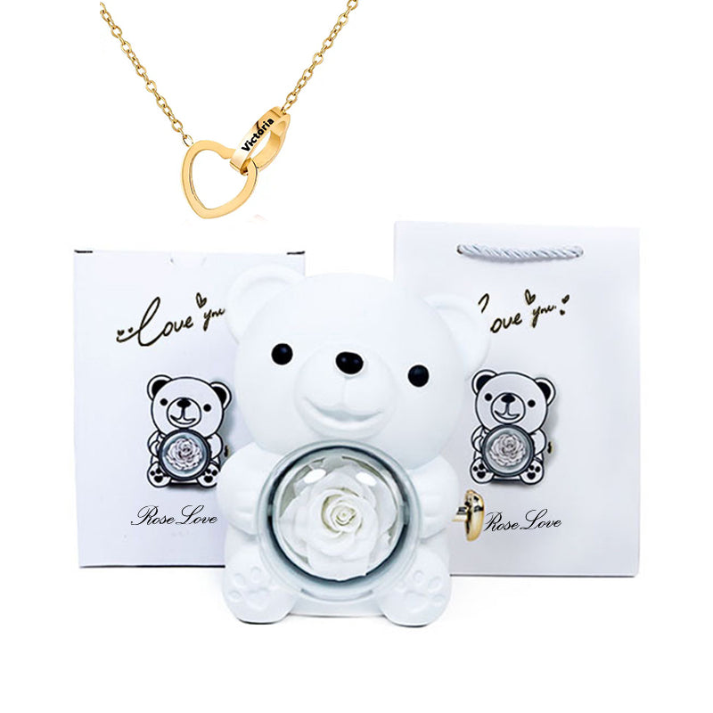 Preserved Rose Hug Bear Gift Box with Necklace