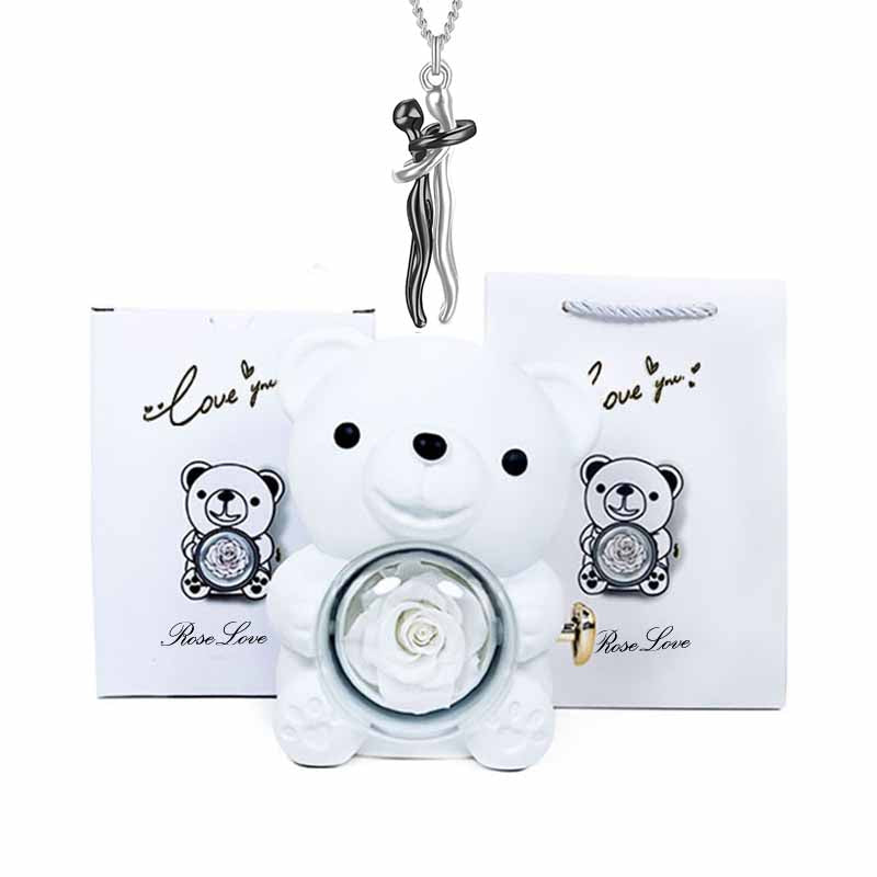 Charm Lovers Forever together Lovers hug pendant necklace Spin Eternal flower Hug Bear jewelry box gift