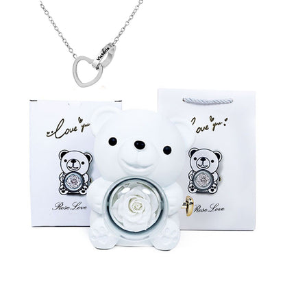 Preserved Rose Hug Bear Gift Box with Necklace