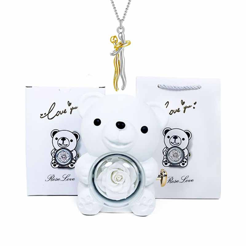 Charm Lovers Forever together Lovers hug pendant necklace Spin Eternal flower Hug Bear jewelry box gift