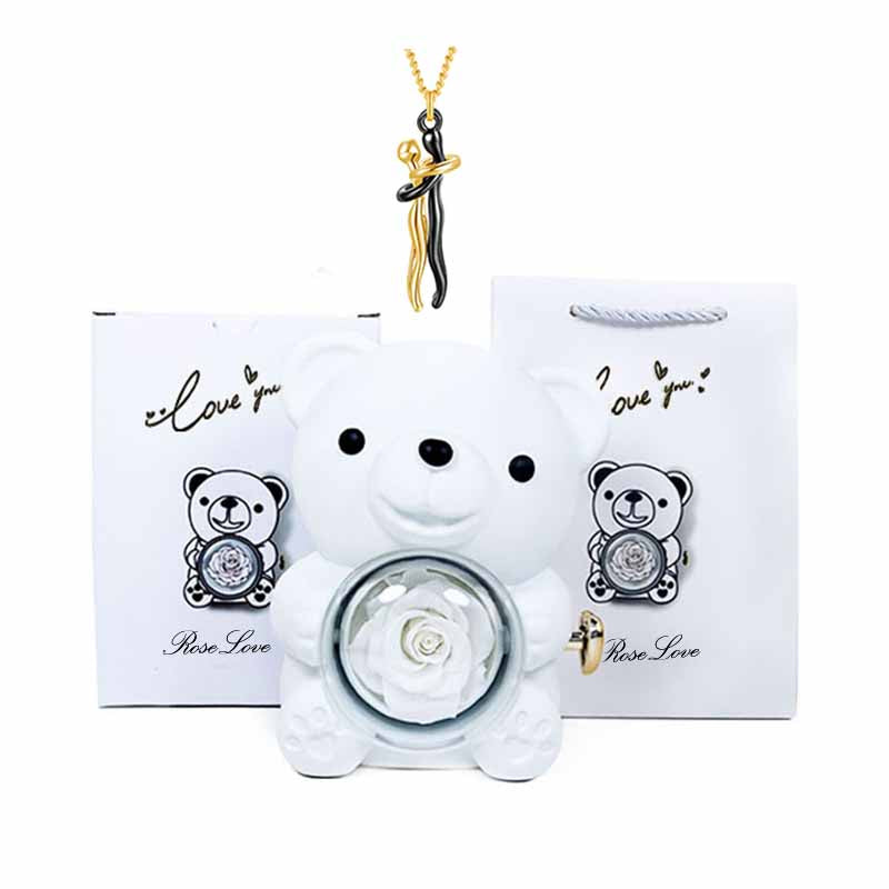 Charm Lovers Forever together Lovers hug pendant necklace Spin Eternal flower Hug Bear jewelry box gift