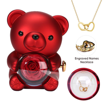 Preserved Rose Hug Bear Gift Box with Necklace